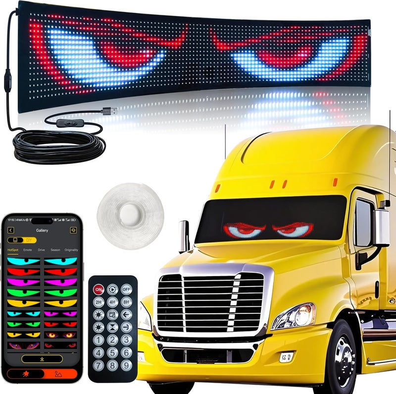 UPONELED 35.35in*7.56in Big LED Eyes for Truck Windshield,Programmable RGB Full Color Devil Eyes Light for Cars,Windshield Eyes Flex LED Display Custom Text DIY Pattern,(Suitable for Car,Trucks, Pickups) - Image 1
